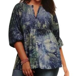 Cabi Sz L Tie Dye Woodstock Linen Blend Babydoll Tunic Boho Top Hidden Button Up